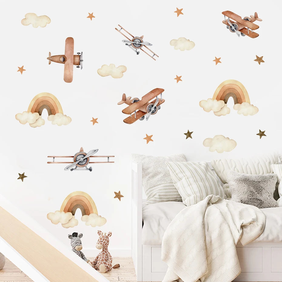 Boho Cute Airplane Rainbow Star Nursery Wall Decals Kids Room Decor