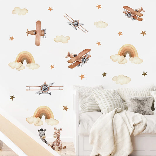 Boho Cute Airplane Rainbow Star Nursery Wall Decals Kids Room Decor