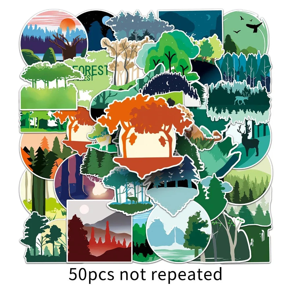 50Pcs Cartoon Trees Plants Forest Stickers for Phone Laptop Stationery Scrapbooking Material Children Sticker Craft Supplies