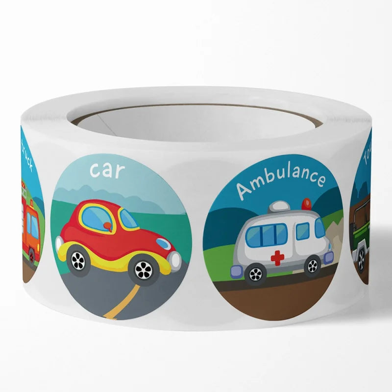 500pcs Vehicle Thank You Stickers Cute Cartoon Ambulance Taxi Teacher Reward Sticker for Kids Birthday Party Seal Labels