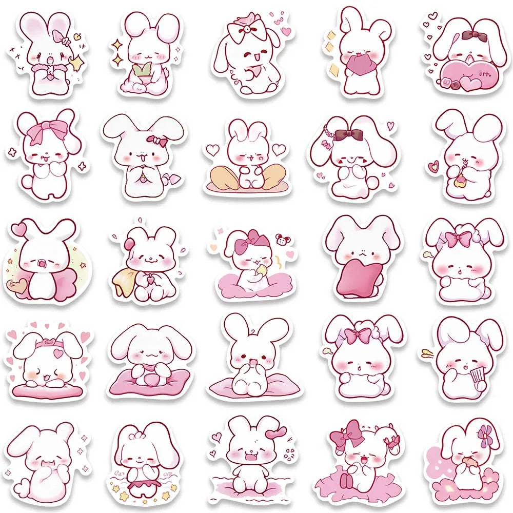 50pcs Cute Cartoon Pink Rabbits Stickers Pack For Skateboard Luggage Laptop Guitar Waterproof Graffiti Bicycle Phone Decals