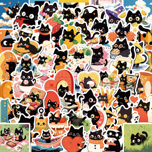 Black Cat Cartoon Stickers Pack - Laptop, Phone, Notebook, Suitcase