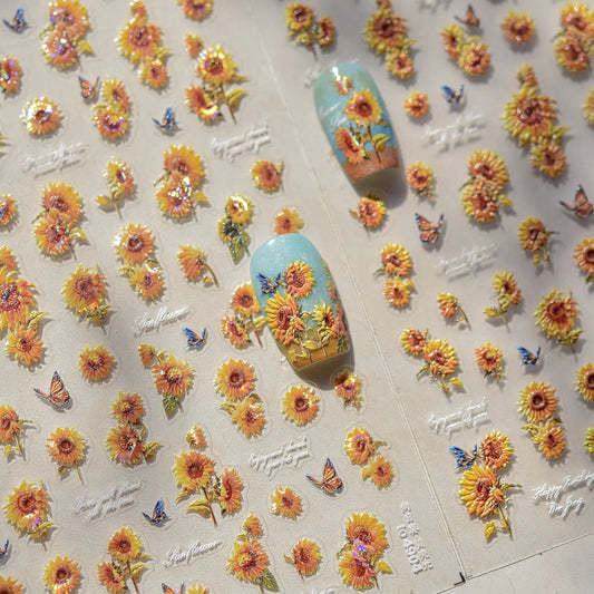 5D Sunflower Butterfly Nail Art Stickers Decals