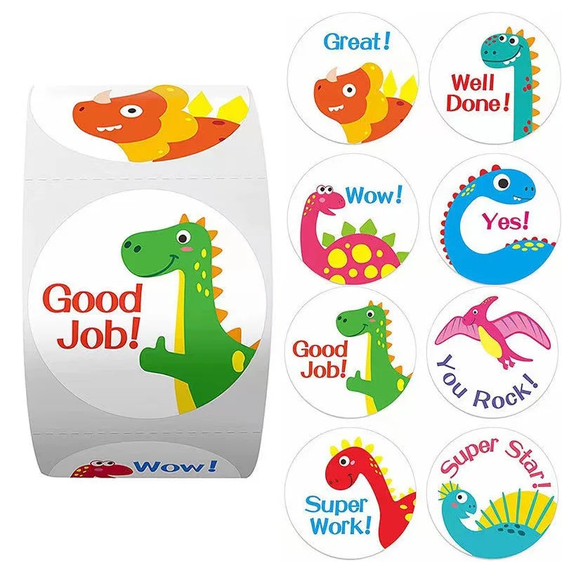 100-500pcs Cute Dinosaur Pattern Reward Encouragement Sticker Roll for Kids Motivational Stickers with Cute Animals for Students