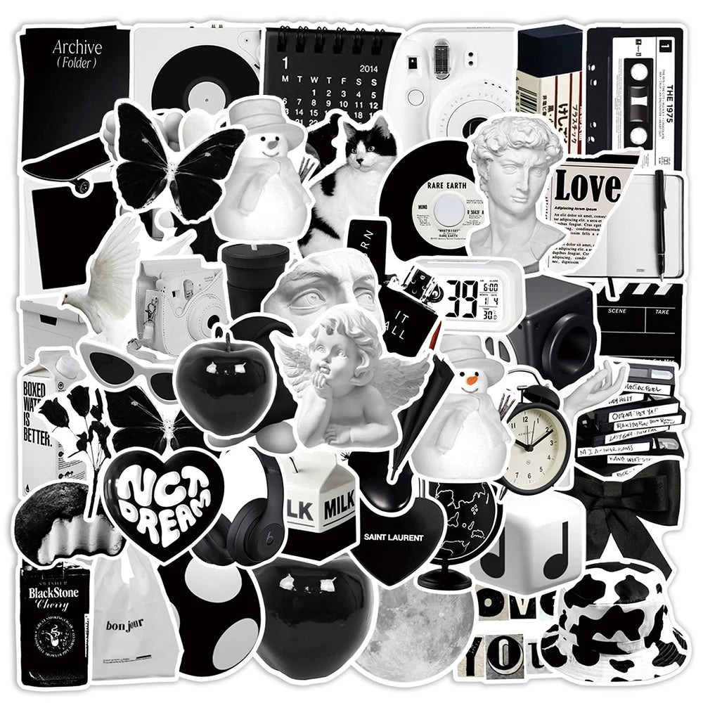 10/30/50pcs Ins Style Cute Stickers Aesthetic Black White Simple Decals Decoration Scrapbook Suitcase Laptop Fridge Wall Sticker