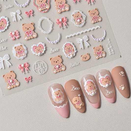 Pink Bear Heart Lace Nail Stickers with Rhinestones