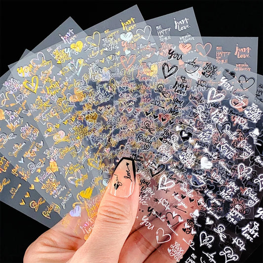6Pcs Laser Gold Silver 3D Nail Art Stickers Heart Letter Nail Decoration DIY Foils