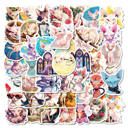 50Pcs Cartoon Hairless Cat Stickers for Helmet, Wall, Desktop Decoration