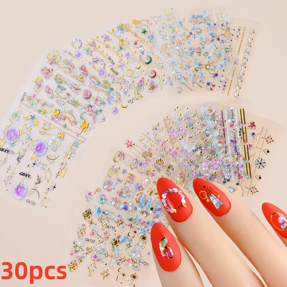 30pcs Christmas Nail Stickers: Snowman, Santa, Deer 3D Decals
