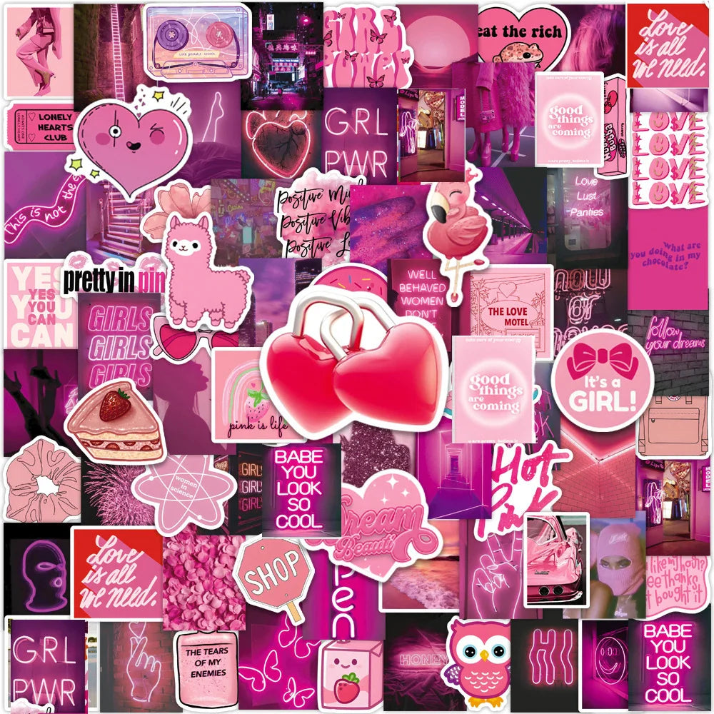 Cute Pink Cartoon Stickers Pack - Aesthetic Kawaii Decals for Notebook, Phone, Car, Stationery