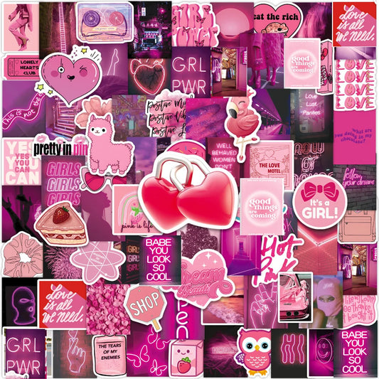 Cute Pink Cartoon Stickers Pack - Aesthetic Kawaii Decals for Notebook, Phone, Car, Stationery