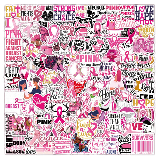 Breast Cancer Awareness Pink Ribbon Stickers Waterproof Decals for Laptop, Phone, Skateboard, Scrapbook - 10/30/50/100pcs