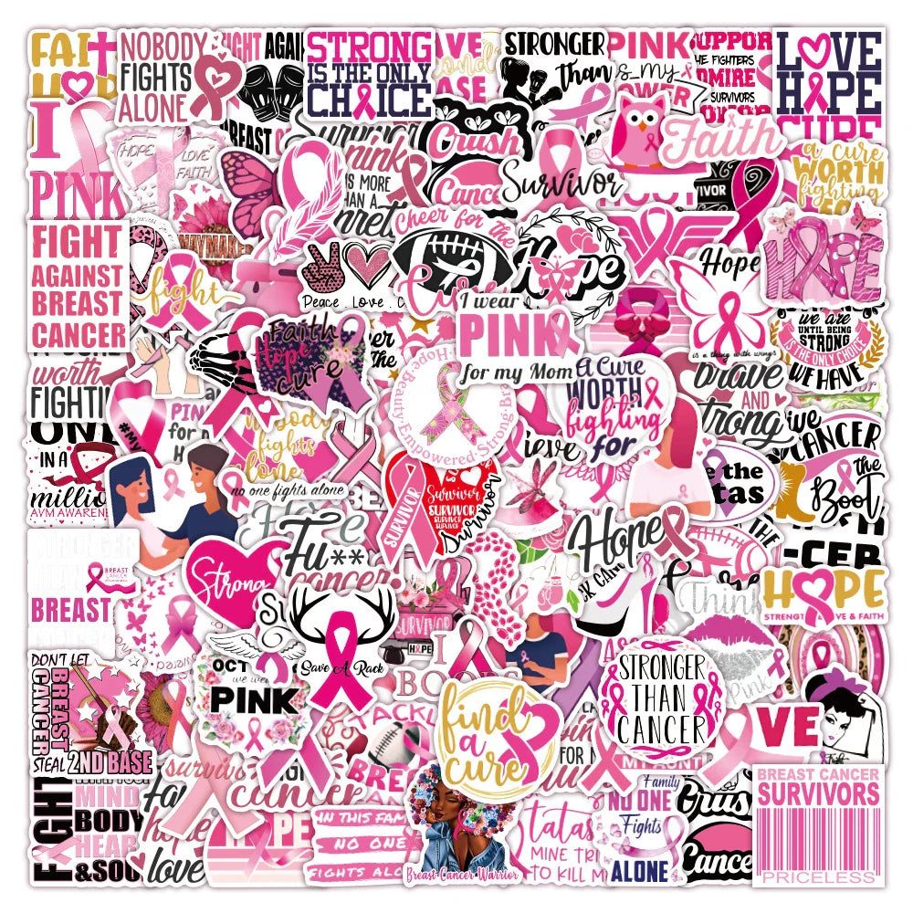 Breast Cancer Awareness Pink Ribbon Stickers Waterproof Decals for Laptop, Phone, Skateboard, Scrapbook - 10/30/50/100pcs