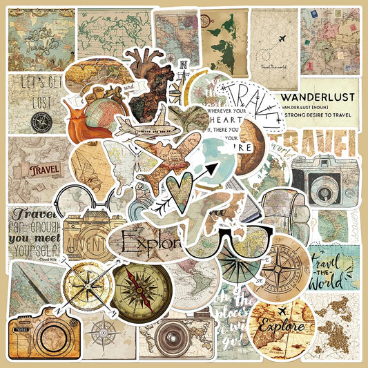 50pcs Cartoon Travel Clock Map Graffiti Stickers for Helmet Wall DIY Decoration
