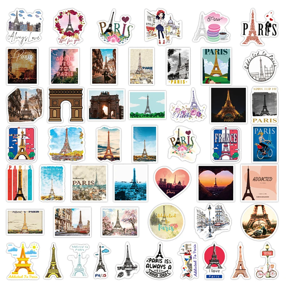 10/30/50PCS Paris Landscape Famous Buildings Stickers Decal Decorative DIY Phone Motorcycle Laptop Toy PVC Waterproof Sticker