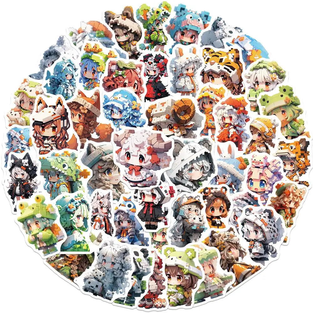 10/25/50PCS Cartoon Pixel Wind Animal Girl Graffiti Sticker Waterproof PVC Cute Luggage Guitar Skateboard Cup Phone DIY Decal