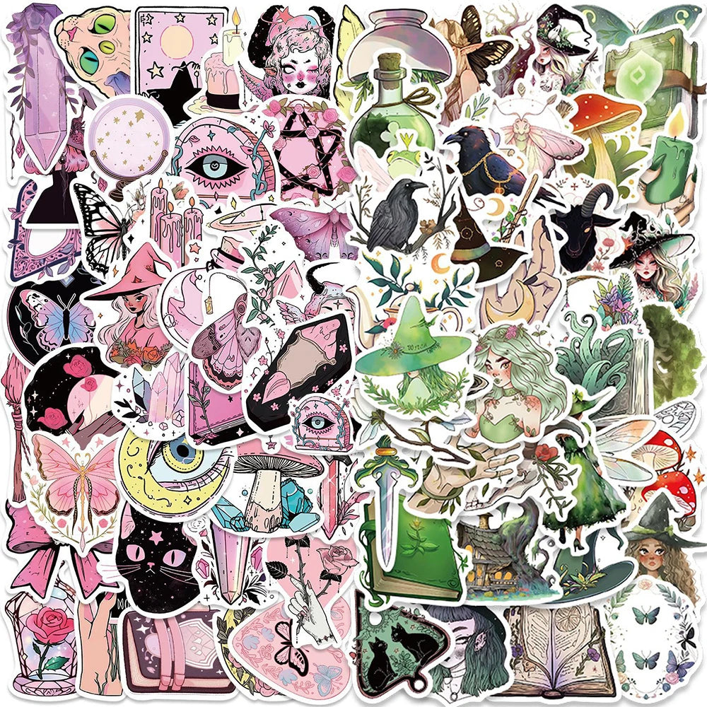 10/30/50/100pcs Cute Art Gothic Pink Green Magic Witch Aesthetic Stickers Cartoon Decal Laptop Phone Suitcase Decoration Sticker