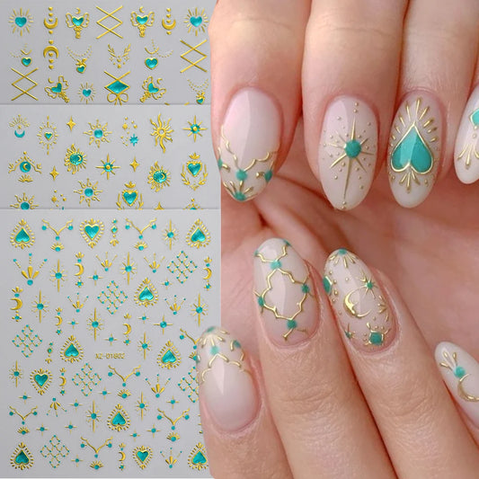 Bohemian 3D Valentine Nail Stickers: Glitter Sun, Heart, Moon