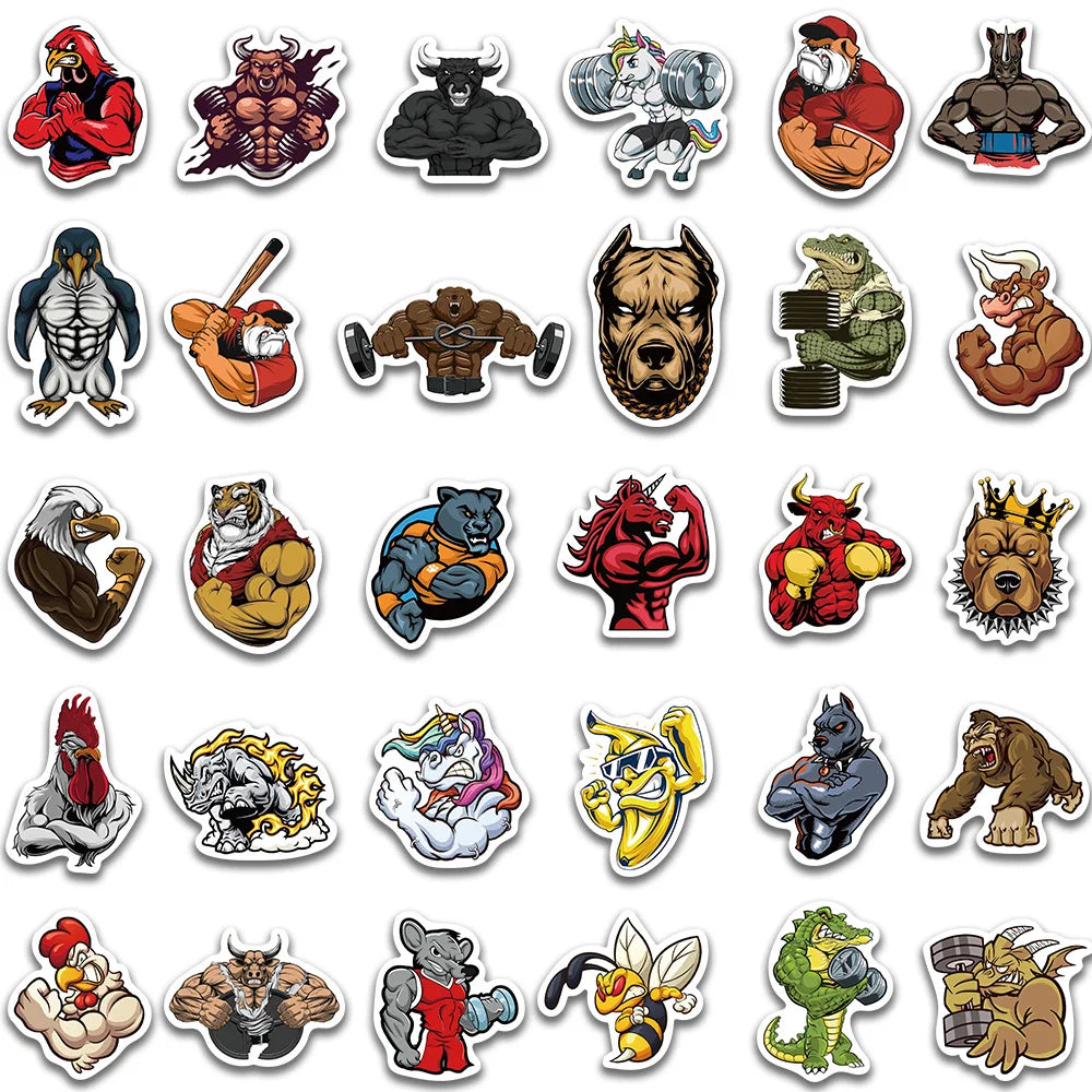 60pcs Cool Cartoon Muscle Animals Stickers For Laptop Luggage Phone Skateboard Waterproof Graffiti Bicycle Helmet Car Decals