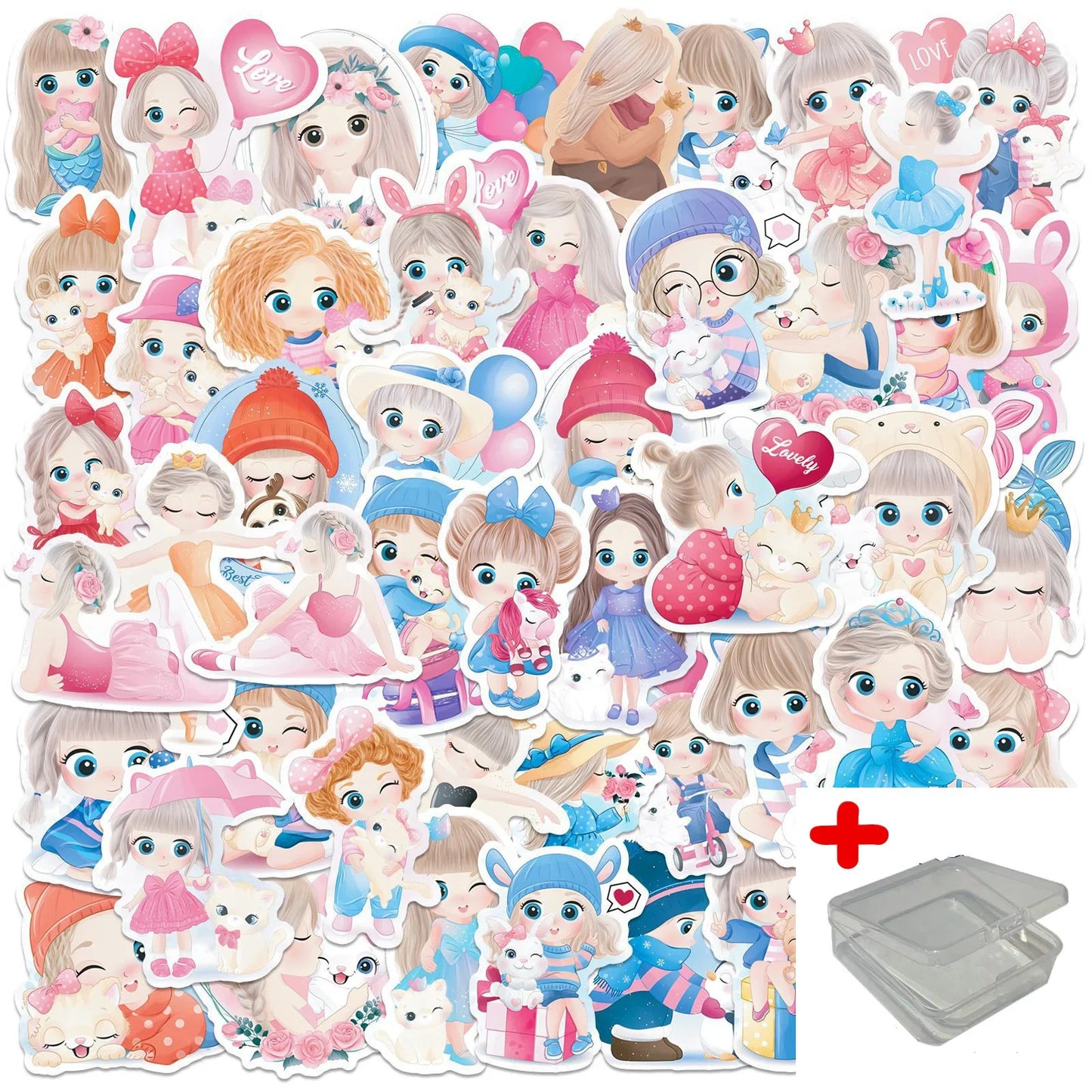 50pcs Cute Girl Graffiti Stickers for Helmet, Wall, DIY Decoration with Storage Box