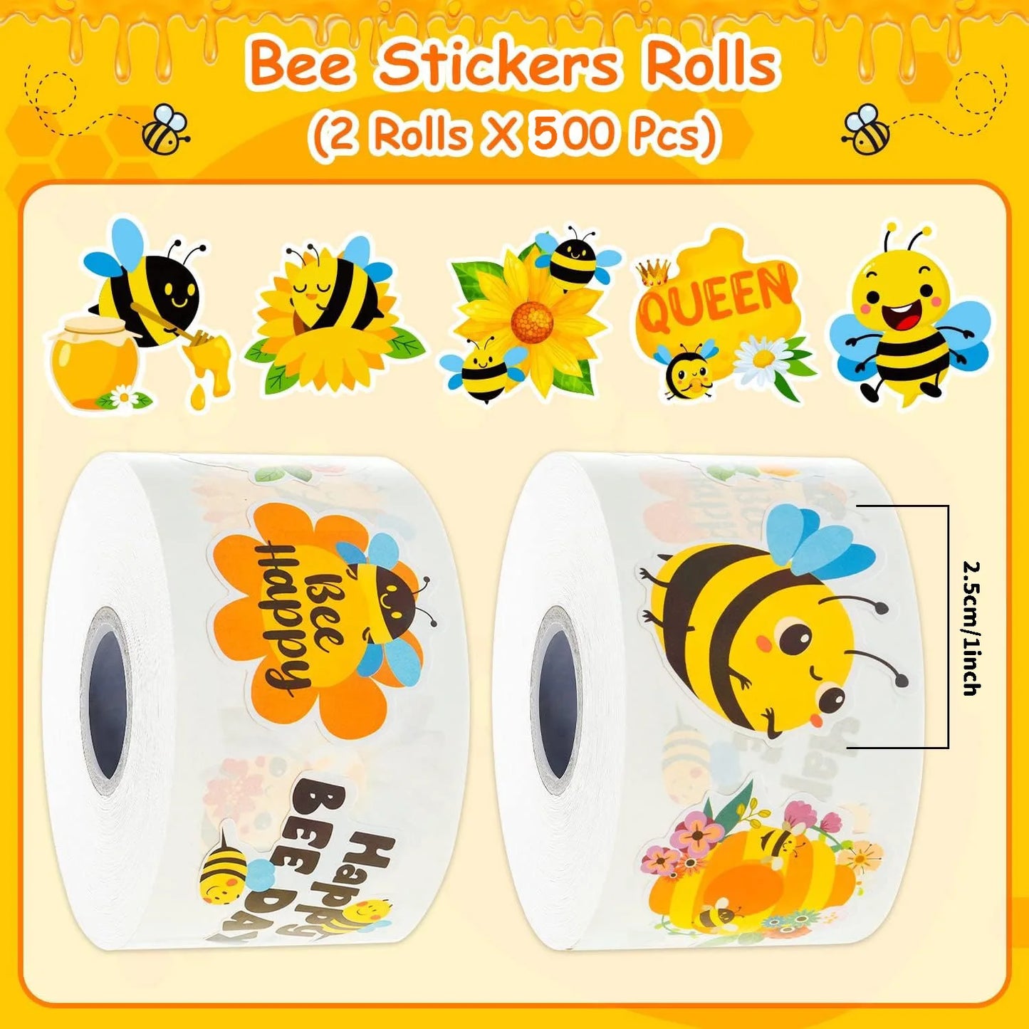 500Pcs /1 Rolls 2.5cm/1inch Yellow Bee Flower Shaped Sticker Decoration Gift Box Sticker Label Stationery Sticker