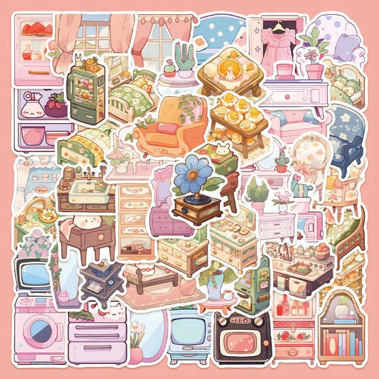 50pcs Cartoon Furniture Graffiti Stickers for Helmet, Desktop, Wall Decoration