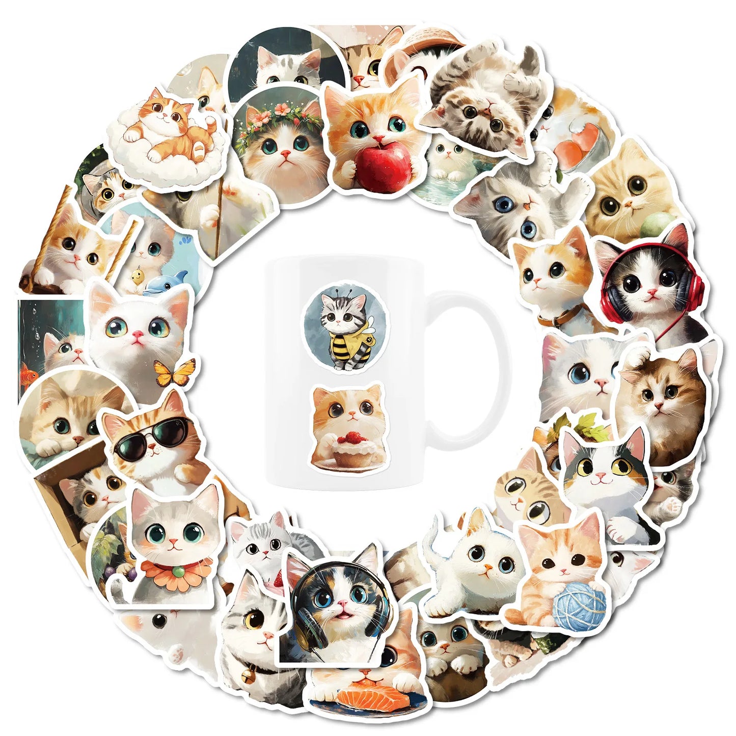 10/30/50PCS Kawaii Cat Stickers Chubby Cat Cartoon Sticker Cute Animal Decals Scrapbook Luggage Laptop Guitar Car Bike Kids Toys