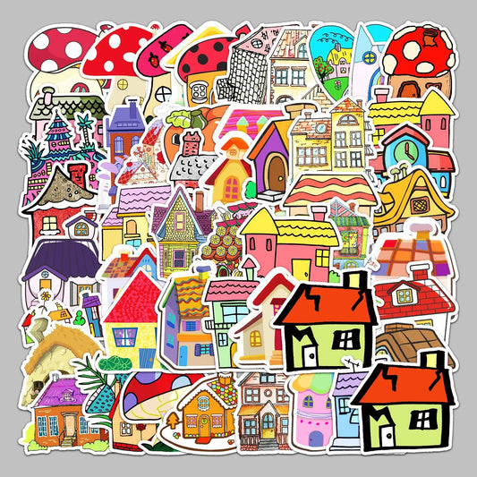 50pcs Cartoon House Graffiti Stickers for Helmet, Wall, DIY Decoration