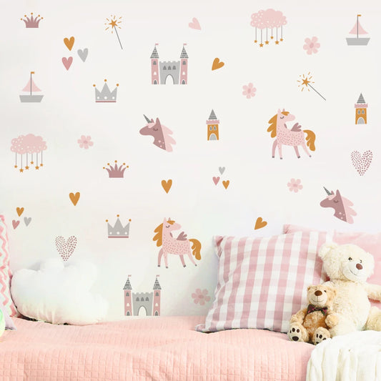Boho Pink Unicorn Castle Wall Stickers for Kids Nursery Decor