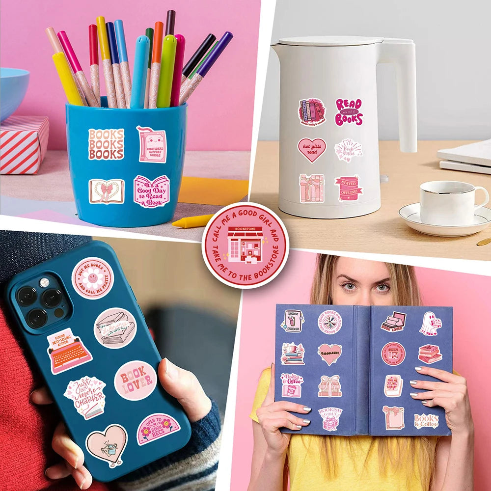 10/30/60PCS Cute Pink Reading Book Bookish Stickers Cartoon Decals DIY Decoration Notebook Laptop Phone Luggage Car Graffiti Toy