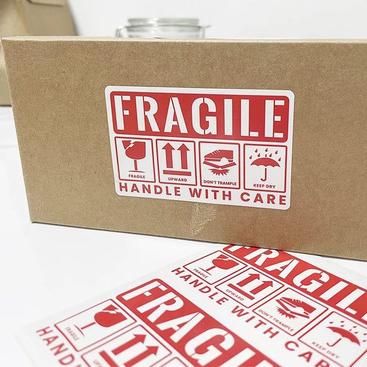 50pcs Red Fragile Warning Stickers 8x5cm "Handle With Care"