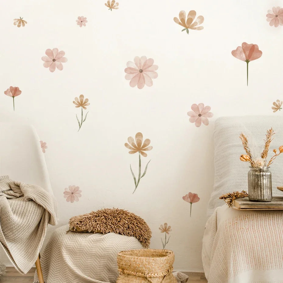Boho Flower Wall Stickers Watercolor Removable Eco-friendly PVC Decals