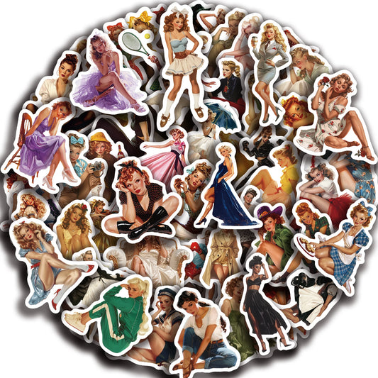 60 Retro Girl Vinyl Stickers: Laptop, Water Bottle, Car