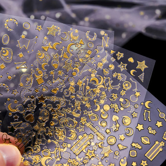 Gold Moon Star Nail Art Stickers - 6 Sheets Constellation