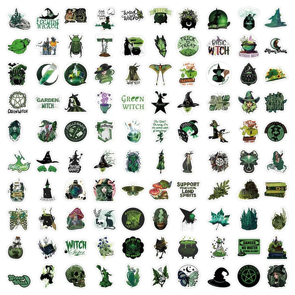 10/30/50/100pcs Cool Gothic Green Magic Witch Sticker Waterproof Anime Decal Phone Skateboard Motorcycle Laptop Car Cool Sticker