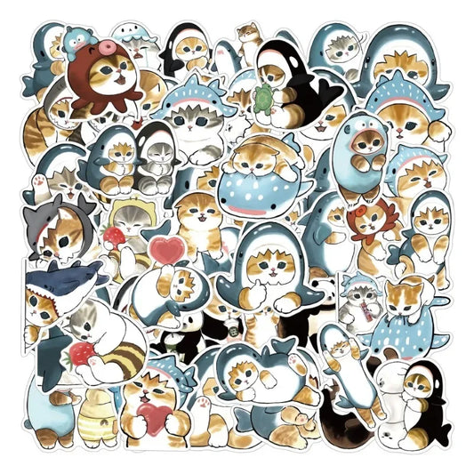 50pcs Shark Cat Cartoon Stickers for Laptop, Phone, Car, Scooter, Water Bottle, Suitcase, Refrigerator