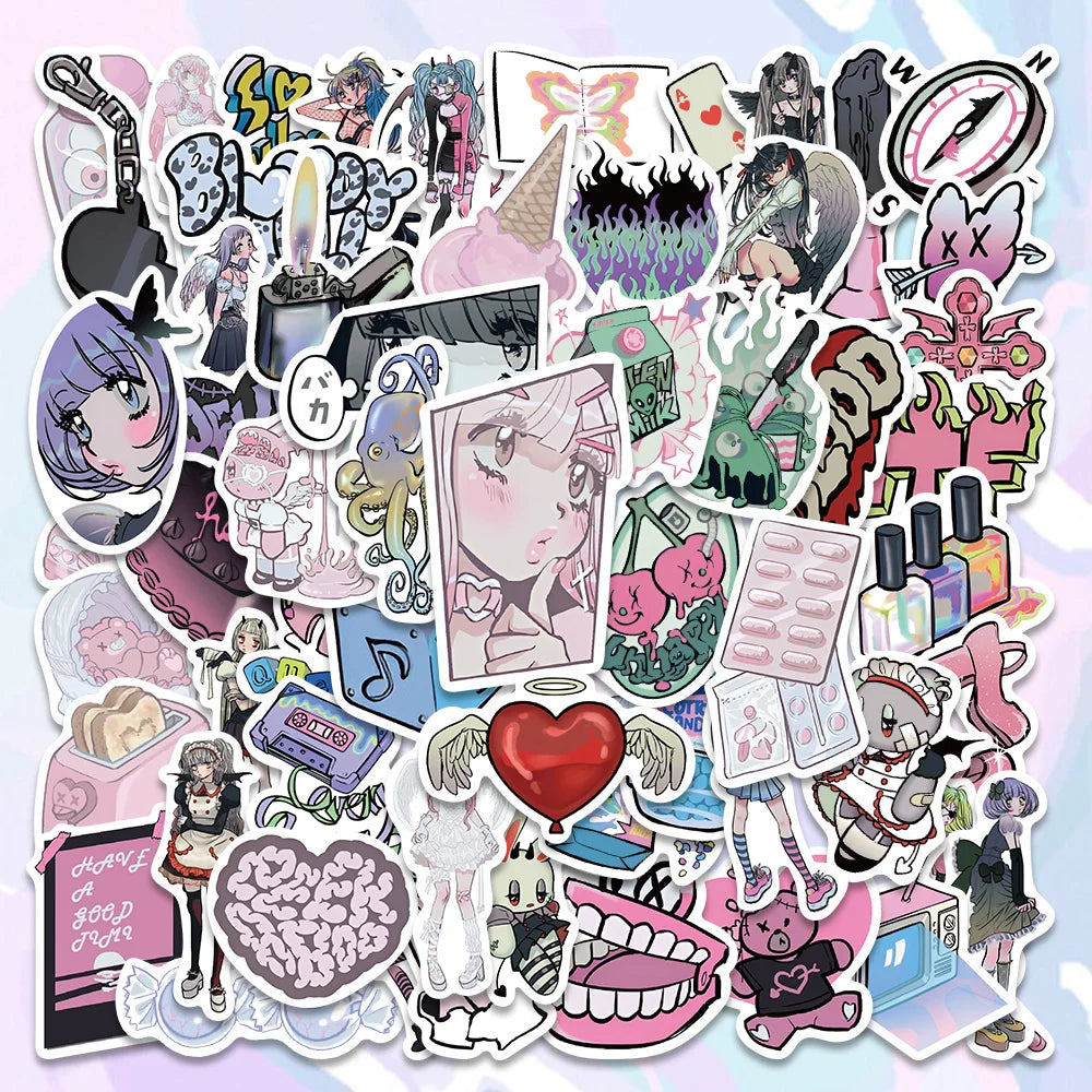 60PCS Pink Kawaii Y2K Gothic Anime Stickers Cute Aesthetic Decals for Phone Laptop Car