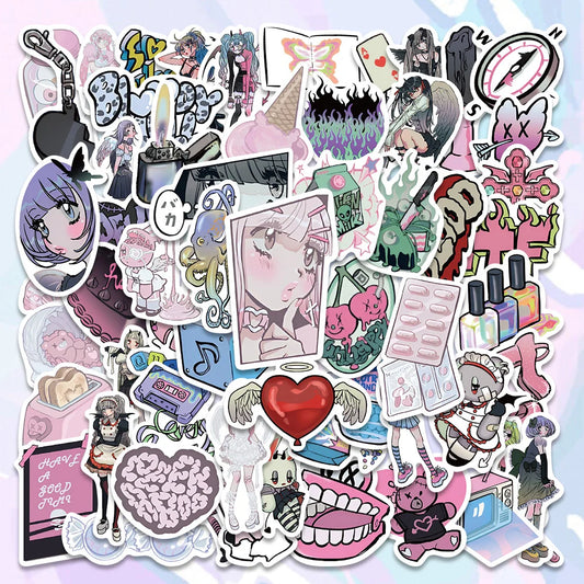 60PCS Pink Kawaii Y2K Gothic Anime Stickers Cute Aesthetic Decals for Phone Laptop Car