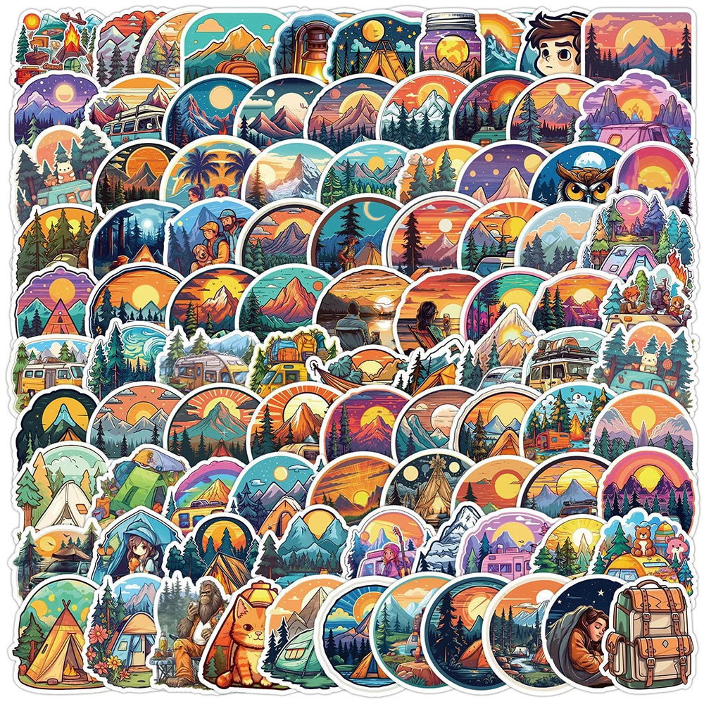 Funny Outdoor Hiking Camping Stickers - 10/30/50/100pcs Cartoon Graffiti Decals for Laptop, Phone, Suitcase