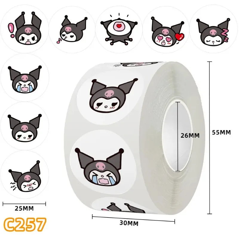 MINISO New 500PCS Cartoon Sanrio Hello Kitty Emojis Kulomi Laurel Dog Melody Seal Pudding Dog Loppy Little Beaver Roll Sticker