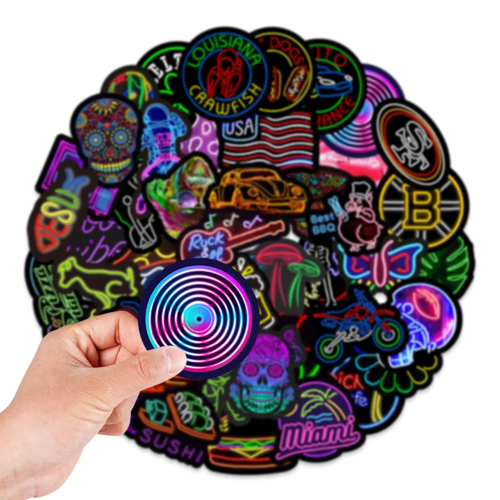 10/30/50PCS Popular Cool Neon Light Sticker Pack Skateboard Guitar Decoration DIY Laptop New Waterproof Graffiti Decal Wholesale