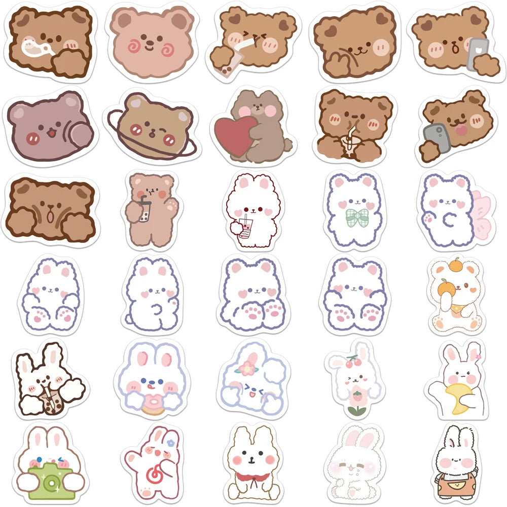 90PCS Cute Cartoon Bear Rabbit Sticker Waterproof Gift Decoration Suitcase Scrapbook Phone Skateboard Helmet Kid Toy Decal