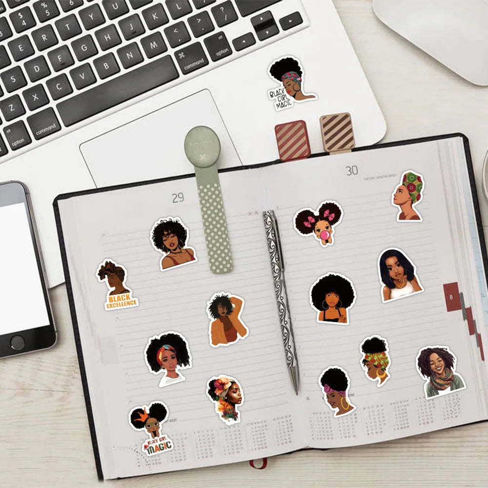 10/60Pcs Fashion Inspirational Black Girl Hot Melanin Poppin Sticker For DIY Luggage Laptop Skateboard Phone Decal Stickers