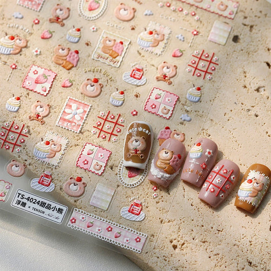 Cute Bear Cake Nail Art Stickers - Strawberry Jam Design
