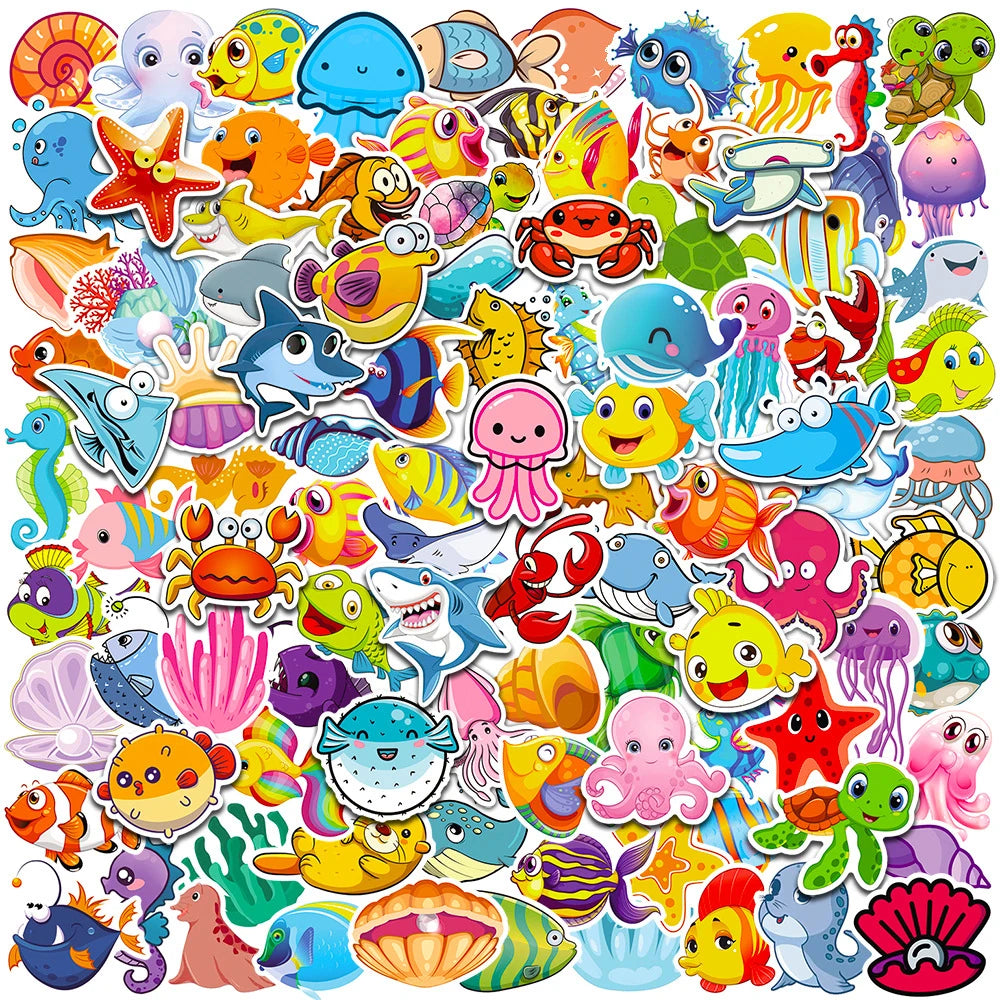 10/30/50/100pcs Cute Marine Animals Stickers Ocean World Cartoon Decals Kids Toy Scrapbook Laptop Luggage Phone Graffiti Sticker