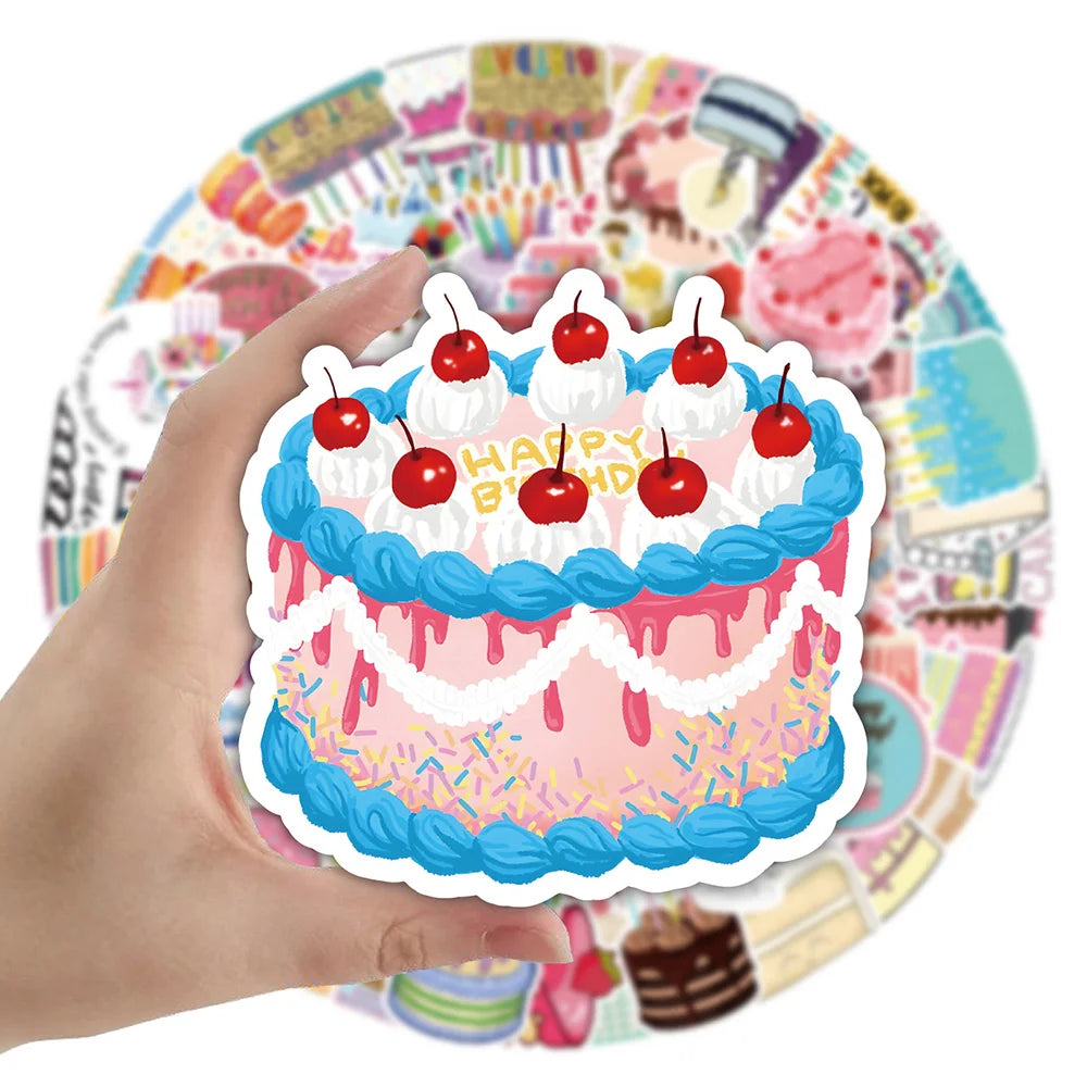 Birthday Party Cake Stickers 10/30/50/100PCS Cartoon Decals for Laptop, Luggage, Snowboard