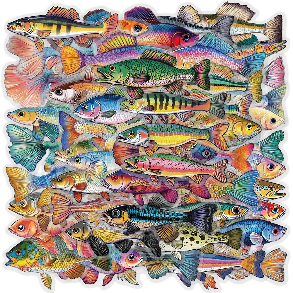 10/30/50PCS Fish Transparent Stickers Go Fishing Sticker Animal Cartoon Decals DIY Toy Scrapbook Luggage Laptop Guitar Car Bike