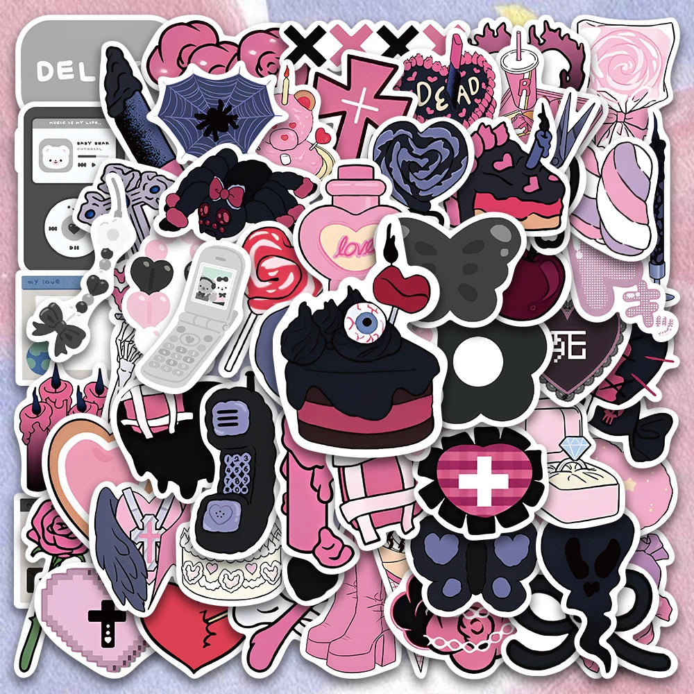 60PCS Y2K Pink Kawaii Gothic Anime Stickers for Phone Laptop Suitcase Car