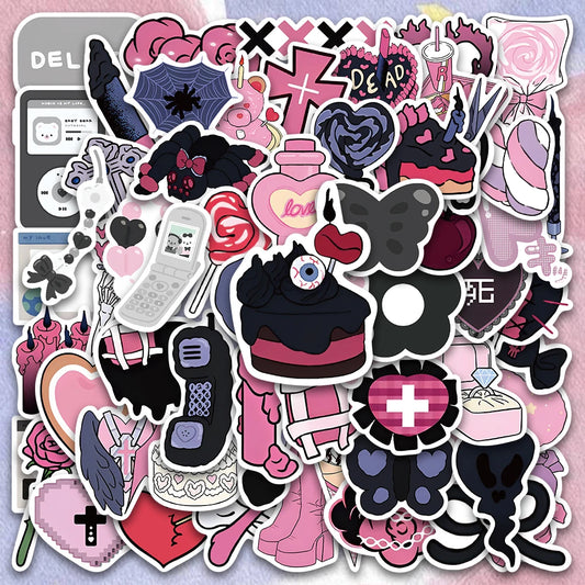 60PCS Y2K Pink Kawaii Gothic Anime Stickers for Phone Laptop Suitcase Car