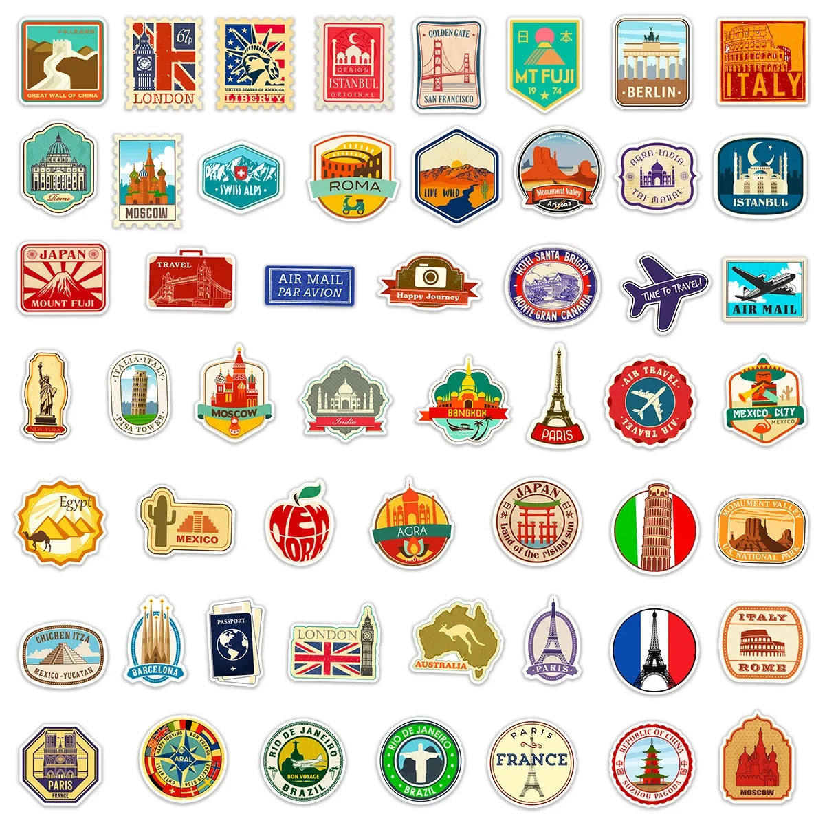 10/25/50pcs Retro World Travel Landmark Suitcase Stamps Sticker Packs